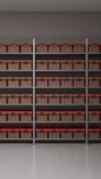 Vertical video: Zooming camera revealing rack with brown boxes, red trays in backroom showing order