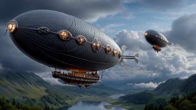 Two vintage airships glide through a cloudy sky over a lush green valley and a winding river, showcasing intricate designs and propellers in a fantastical landscape