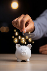 Hand is inserting a coin into piggy bank with glowing dollar signs and stacks of coins on a dark background, representing savings and finance