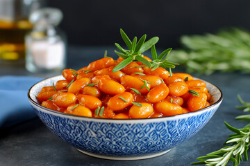 Plate of baked beans alongside cornbread, mixed vegetables, and dinner rolls on a wooden table with a salad