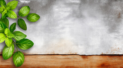 Green succulent leaves are placed on a textured surface featuring orange and white hues, providing a colorful backdrop for creative projects