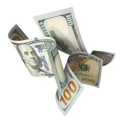 Flying hundred dollar banknotes, isolated on transparent cutout background
