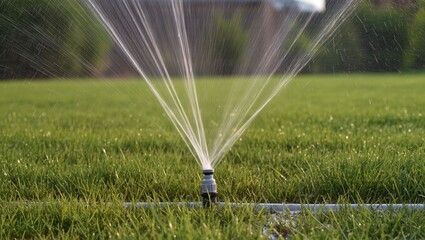 Close-up of an active lawn sprinkler mounted on a horizontal irrigation pipe, spraying water evenly over green grass, illustrating automated lawn care and garden irrigation systems