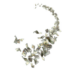Flying hundred dollar bills swirling in dynamic motion, isolated on transparent cutout background