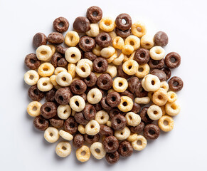 Pile of chocolate and vanilla corn cereal on a white background PNG