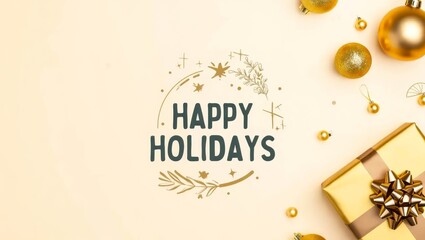 Image of happy holidays text over christmas decorations on yellow background.
