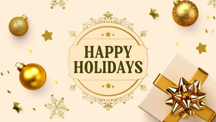 Image of happy holidays text over christmas decorations on yellow background.