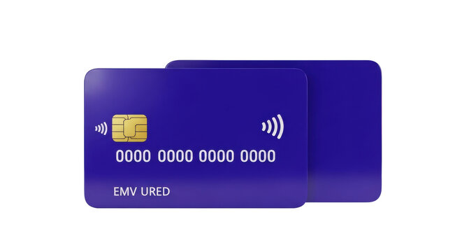 Two sleek, modern credit cards, deep royal purple with gold chips & NFC symbols, on a transparent studio background with copy space. Sharp focus on the foreground card. Concept of modern secure