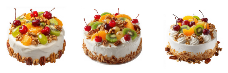 Three delicious round fruit cakes topped with cherries kiwi and peaches on transparent background high quality