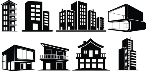 Fototapeta premium Silhouette of various buildings isolated on transparent background