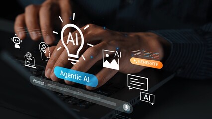 Hands Typing on a Laptop with AI Concept Illustrations Representing Technology, Innovation, and...