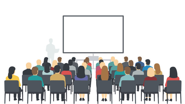 Audience seated facing a large projection screen in a presentation room, depicting a conference, lecture, or educational event.