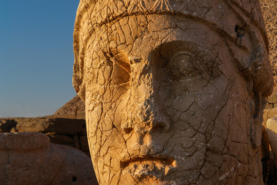 Monumental god heads in Nemrut Mount, T&uuml;rkiye. The mount where several large statues are erected around what is assumed to be a royal tomb from the 1st century BC.