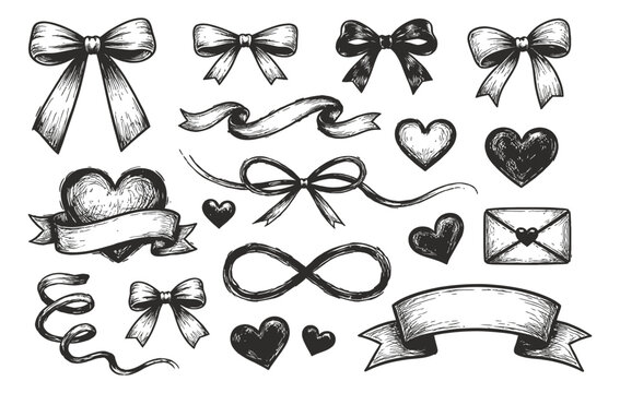 Hand drawn sketch decorative elements set featuring bows, ribbons, hearts, an infinity symbol, and an envelope for romantic designs