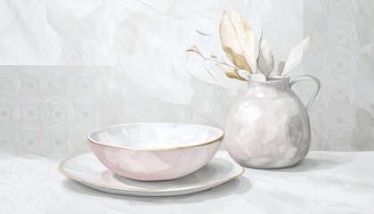 Serene minimalist impasto painting of a white ceramic pitcher against a textured abstract mountain landscape. Palette knife art ideal for modern kitchen decor or calm interior art.