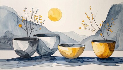 Modern minimalist watercolor illustration featuring textured ceramic vases with botanical leaves and a centered concentric circle motif. This elegant still life perfect for interior wall design