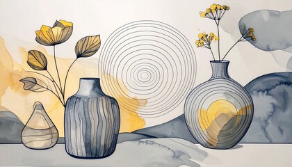 Modern minimalist watercolor illustration featuring textured ceramic vases with botanical leaves and a centered concentric circle motif. This elegant still life perfect for interior wall design