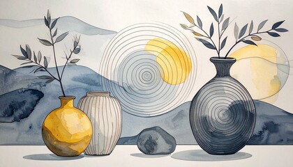 Modern minimalist watercolor illustration featuring textured ceramic vases with botanical leaves and a centered concentric circle motif. This elegant still life perfect for interior wall design