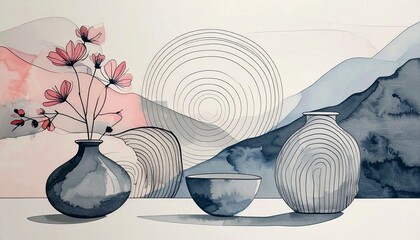 Modern watercolor illustration featuring textured ceramic vases with botanical leaves and a minimalist concentric circle motif. Elegant still life for contemporary interior wall art and home decor.