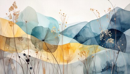 Vibrant watercolor illustration of colorful rolling hills and stylized botanical wildflowers under a golden sun. Modern landscape art perfect for serene interior spaces and creative office decor