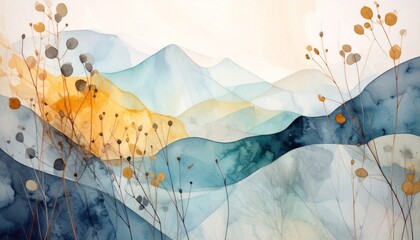 Artistic watercolor illustration of layered mountains in deep indigo and golden yellow with delicate botanical line art. Tranquil nature scene ideal for modern interior wall art and calming home decor