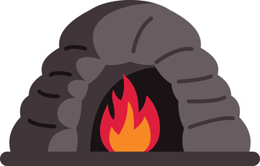 Naklejka premium Cozy fire burning inside a stone age igloo shaped cave dwelling, providing warmth and light