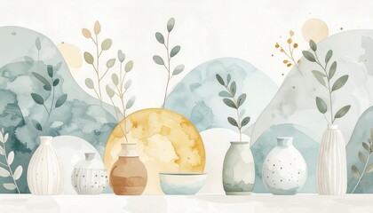 Minimalist watercolor illustration of textured ceramic vases and bowls in soft earth tones. Artistic still life for modern interior art, home decor prints, or contemporary gallery walls.