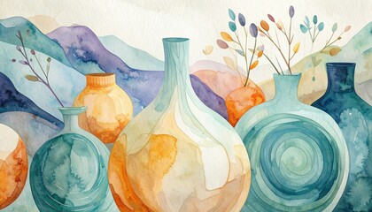 Minimalist watercolor illustration of textured ceramic vases and bowls in earthy tones. Artistic still life for modern interior art, home decor, and contemporary gallery wall prints.