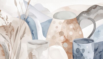 Minimalist watercolor illustration of a patterned teapot and cups in soft neutral earth tones with delicate botanical leaf overlays. Artistic still life perfect for modern kitchen decor, cafe wall art