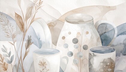 Minimalist watercolor illustration of patterned ceramic teapots and cups against an abstract mountain backdrop. Modern artistic still life ideal for kitchen decor, cafe wall art, or serene interior pr