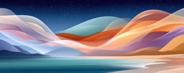 Fototapeta premium Abstract night landscape with flowing colorful waves over mountains and calm water