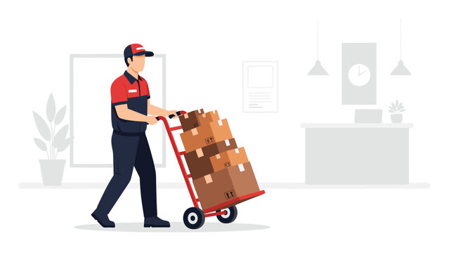 Delivery person in uniform pushing a hand truck loaded with multiple cardboard boxes, symbolizing efficient package handling and logistics.