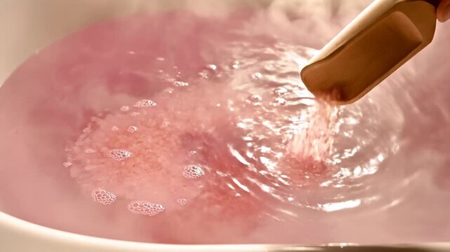 Tranquil Bath Time: A moment of zen captured as colored powder cascades into a bath, creating a scene of relaxation and self-care.