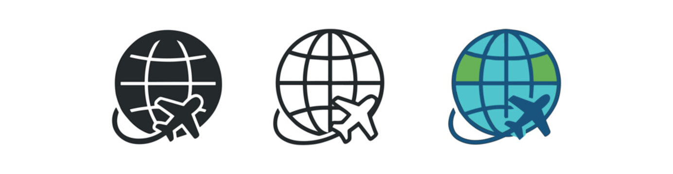 globe travel three globe with small plane blue and green