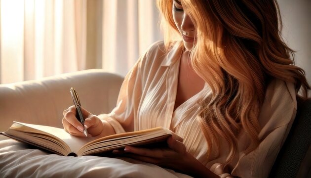 Woman journaling by the window with natural light.
