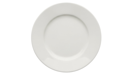 Empty white ceramic plate isolated PNG on transparent background, clean dinnerware for food presentation and restaurant use, top view