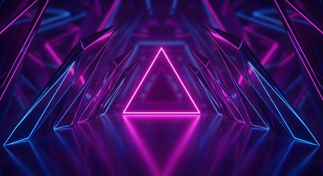 Abstract neon tunnel with glowing pink and blue triangles ina  futuristic cyberspace environment, vibrant synthwave background, 3d rendering