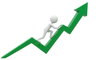 Stick figure climbing up a green arrow isolated PNG, representing business growth and career advancement on transparent background