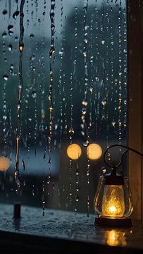 Raindrops Crawing Down Window Glass with Warm Lantern Glow and Bokeh Lights
