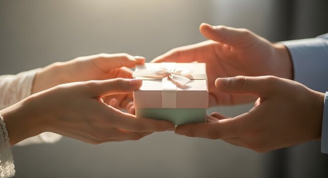 High quality, professional, modern Hands exchanging a small gift box with a ribbon background, concept, illustration, design