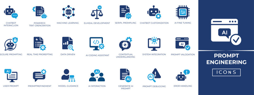 AI Prompt Engineering solid icon set for Generative AI interface, LLM optimization, prompt crafting, context control and machine learning UI.