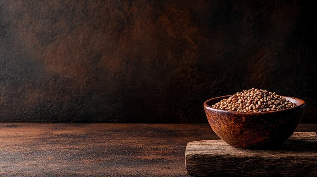 A single chipped ceramic bowl containing a meager portion of raw buckwheat grain sits on a rustic wooden surface against a dark textured background