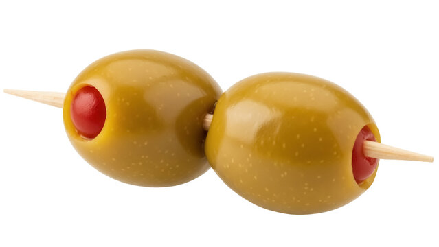 Two green olives stuffed with pimento on a toothpick isolated PNG, appetizer or snack for party and catering services