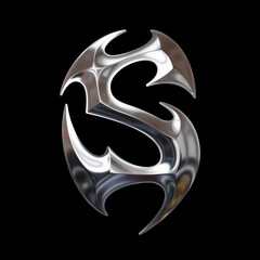 3D chrome metallic letter S with sharp tribal forms