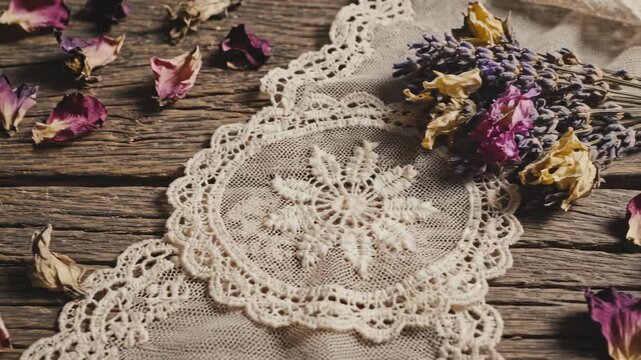 Vintage Lace and Floral Elegance: An elegant vintage lace doily is adorned with dried flowers, creating a delicate display of timeless beauty and nostalgic charm.