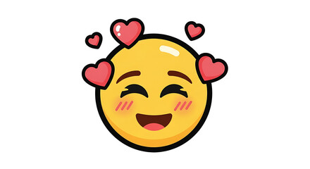 Happy cartoon emoji face laughing with floating red hearts joyful expression vector illustration