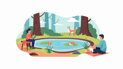 Naklejka premium People and pets enjoy a tranquil day by a pond in a wooded area