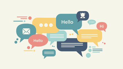 Colorful speech bubbles with various greetings and communication icons. © nazron