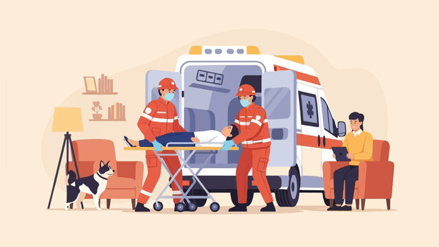 Paramedics transfer patient from stretcher near ambulance and seated person