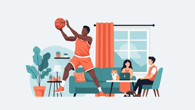 People playing basketball indoors, working on laptops, with a dog